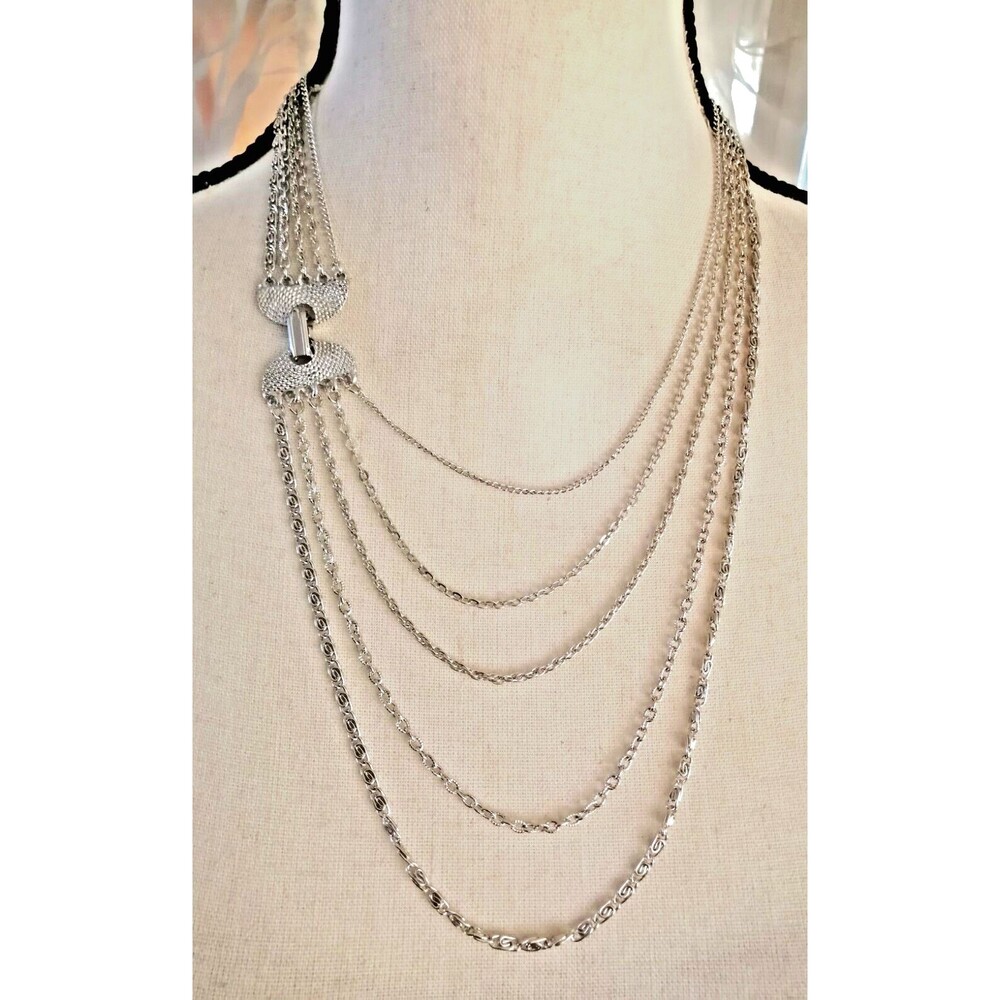 Vintage Five Strands Multi Chain Layered Necklace Silver Tone